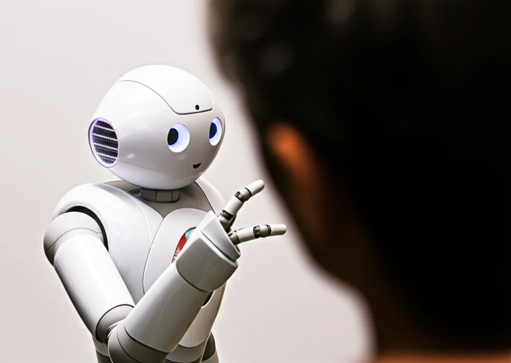 A robot (Mobi-like) making a gesture with its arm while interacting with a human, telephoto zoom 100mm, fast shutter speed, movement tracking