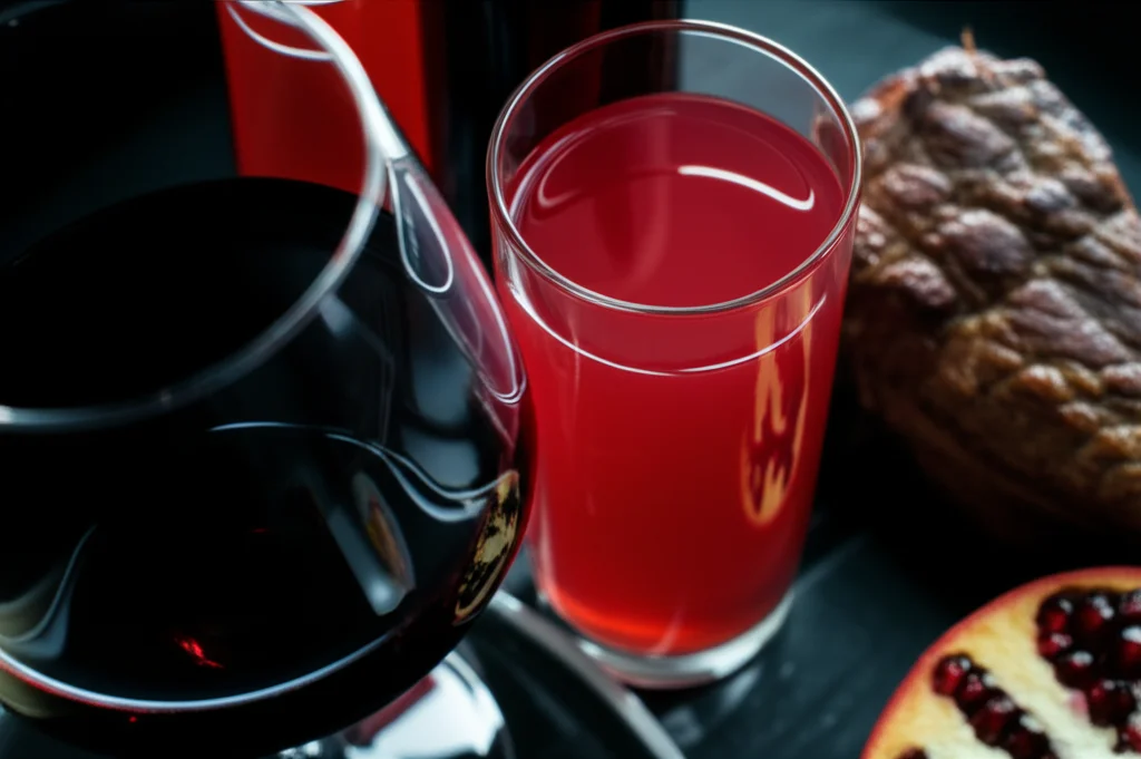 Still life, 60mm Macro lens, high detail, precise focusing, controlled lighting of glasses containing red wine, pomegranate juice, and shalgam next to a piece of cooked meat.