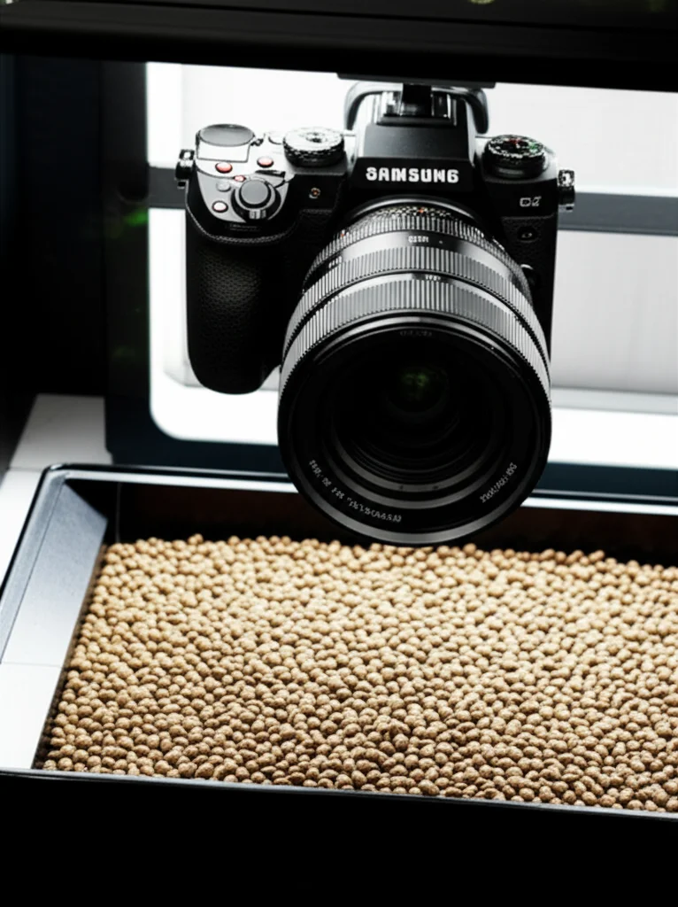 Photorealistic depiction of a lab setup: a high-resolution camera (e.g., Samsung Galaxy S24 Ultra mentioned) mounted above a tray of sugar beet seeds within an open-top shooting box, illuminated by constant daylight. 105mm macro lens, high detail, precise focusing on the seeds and camera.
