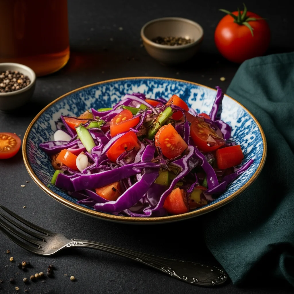 Still life, 105mm Macro lens, high detail, precise focusing, controlled lighting of a vibrant Mediterranean salad and a red cabbage salad.