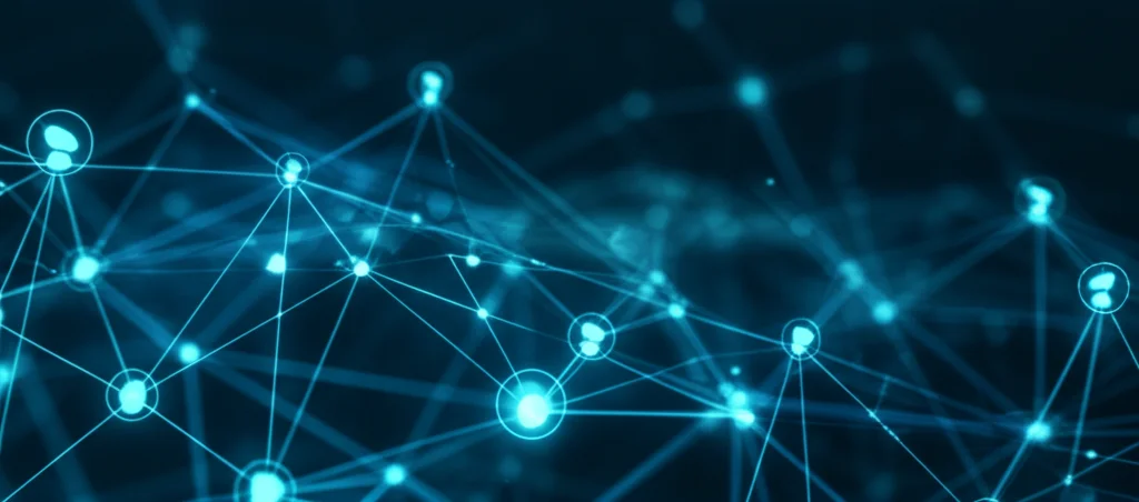 Abstract photorealistic visualization of a deep learning neural network processing seed images. Glowing interconnected nodes with data streams, some streams showing tiny seed icons. Duotone, deep blue and electric teal, depth of field, 35mm prime lens.