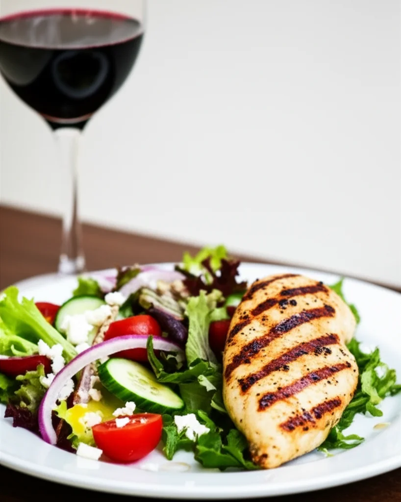 Still life, 60mm Macro lens, high detail, precise focusing, controlled lighting of a plate with grilled chicken breast paired with a colorful salad and a glass of red wine.
