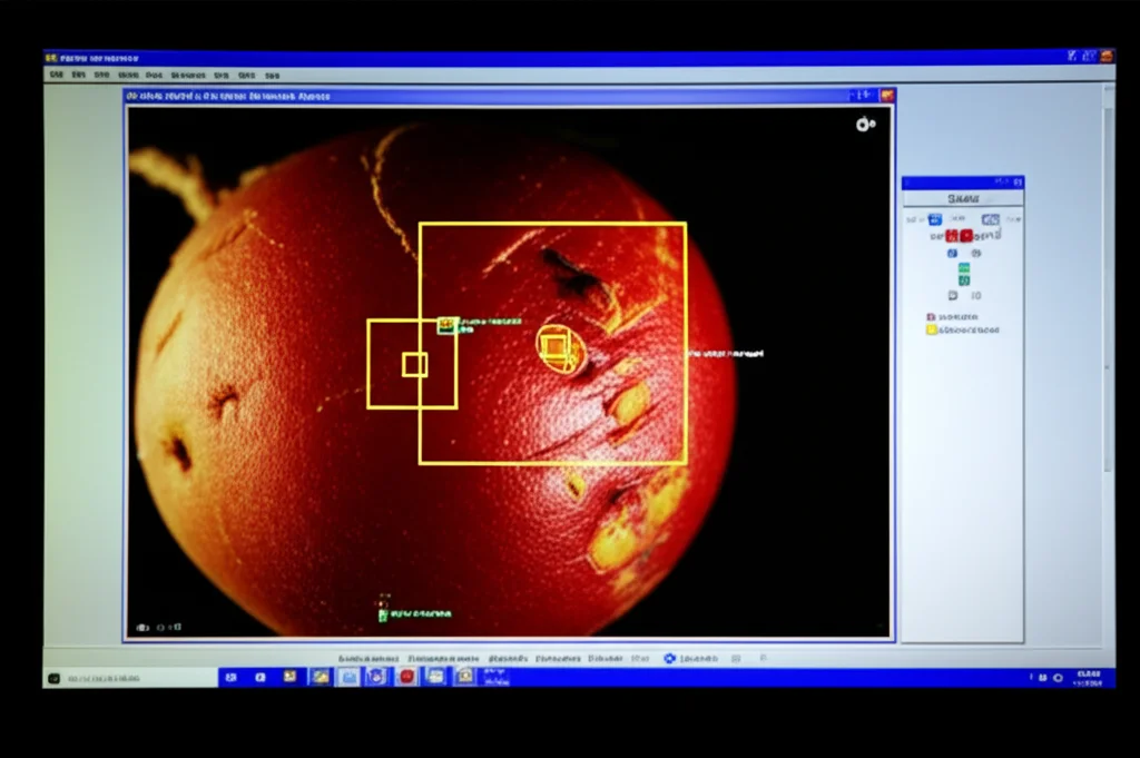 A computer screen displaying a YOLOv10 interface in action: bounding boxes accurately highlighting different coating defects (broken, star-shaped, adherent) on sugar beet seed images. High detail, precise focusing on the screen, controlled lighting to avoid glare, 60mm macro lens effect.