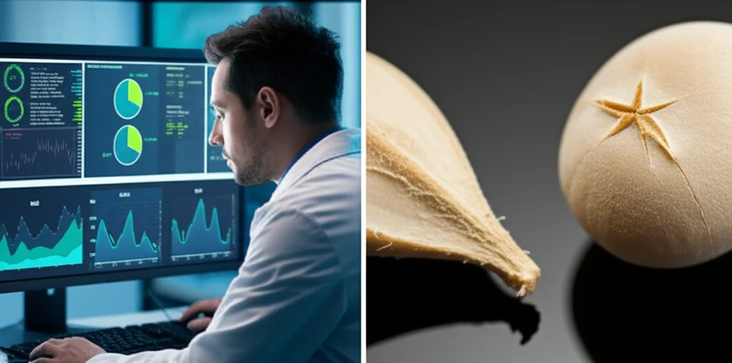 Photorealistic image: A split view. Left: A researcher intently observing a monitor displaying complex graphs and metrics related to seed defect detection accuracy. Right: A close-up of a perfectly coated sugar beet seed next to one with a 'star-shaped' defect. 100mm macro lens for seed detail, 35mm prime for researcher, depth of field.