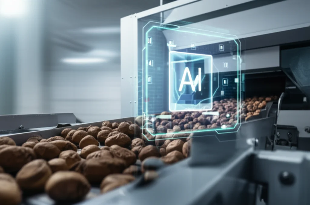 A modern agricultural sorting machine with a conveyor belt of sugar beet seeds passing under a scanner, with a holographic overlay showing AI identifying and sorting seeds in real-time. Telephoto zoom, 150mm, fast shutter speed, action tracking, clean, industrial setting.