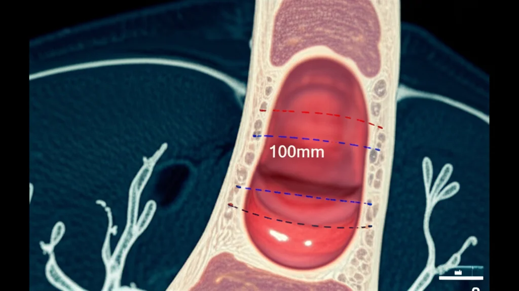 Photorealistic 3D model reconstruction of a human airway showing a narrowed section, 100mm Macro lens, precise focusing, high detail, highlighting measured areas