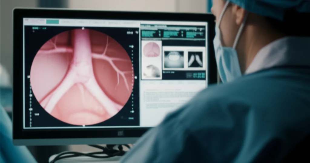 A medical professional looking at a screen displaying automated analysis results during a bronchoscopy procedure, 35mm portrait, depth of field, showing a digital overlay on a medical image