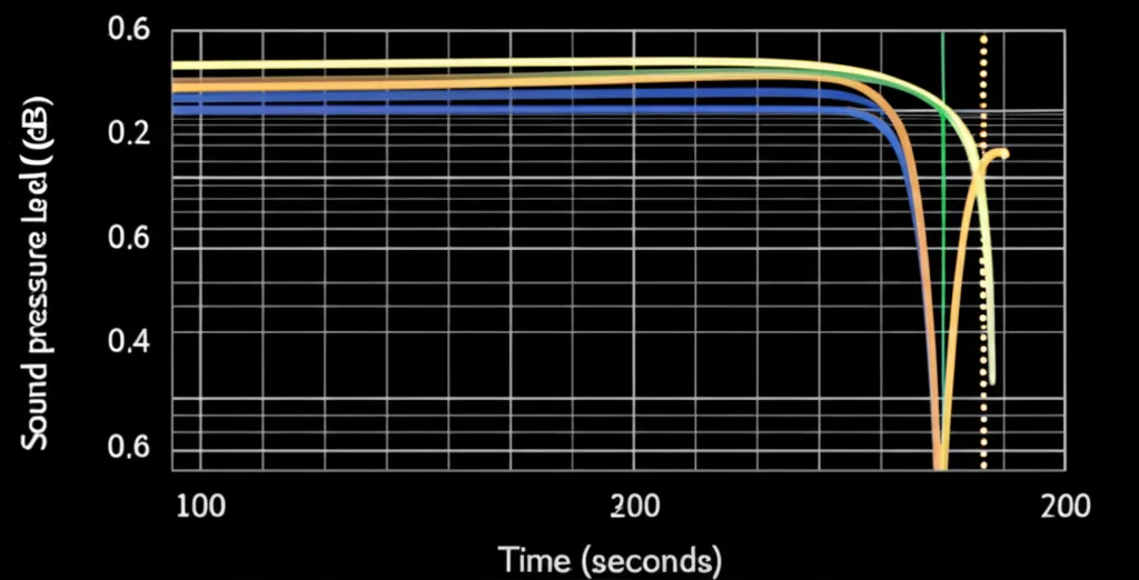 Photorealistic image illustrating sound decay. A graph showing sound pressure level (dB) on the y-axis and time (seconds) on the x-axis. Multiple lines represent different measurement points or averaging methods, showing a clear downward trend indicating decay. One line is highlighted, and a dotted line indicates the 60 dB drop point. High detail, precise focusing on the graph, controlled lighting.