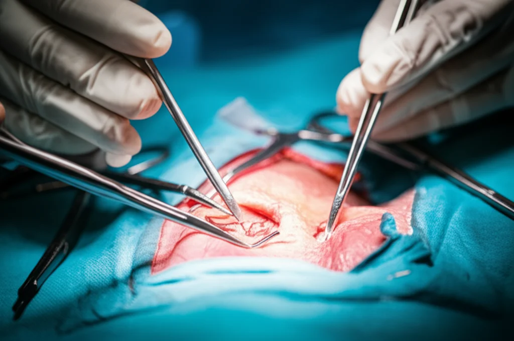 A detailed, photorealistic macro shot of a neurosurgeon's gloved hands delicately working with fine instruments within a simulated surgical field representing the parasellar region. Use a 90mm macro lens, high detail, precise focusing, and controlled, bright surgical lighting to highlight the intricate nature of the work.