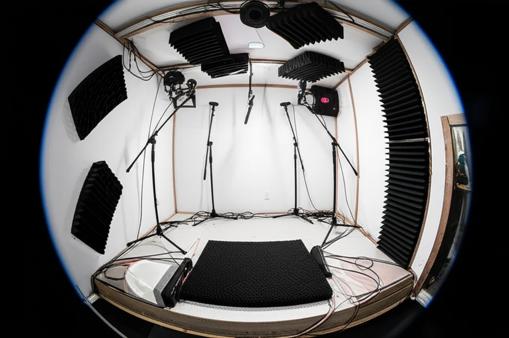 Photorealistic image of a small, boxy alpha cabin interior. A sample of porous material is visible on the floor. Microphones are mounted on stands or hanging from the ceiling. Diffusers (angled panels) are also visible. Wide-angle lens, 28mm, high detail, controlled lighting, depth of field focusing on the material sample.