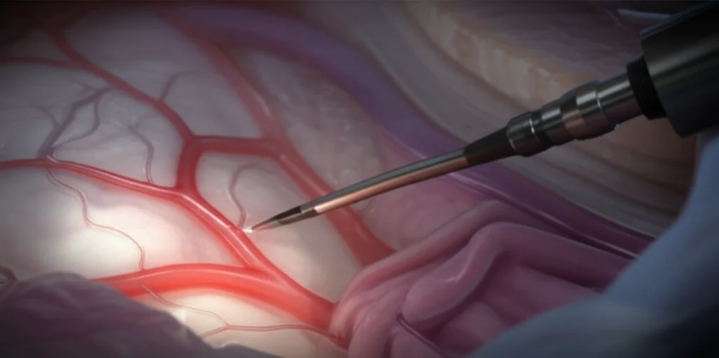 A close-up, photorealistic image of a neurosurgical Doppler probe tip near delicate arterial structures within a simulated brain environment. Use a 100mm macro lens, precise focusing to highlight the probe and vessels, and soft, diffused lighting to mimic an operating room setting. Emphasize the high detail of the instruments and tissues.