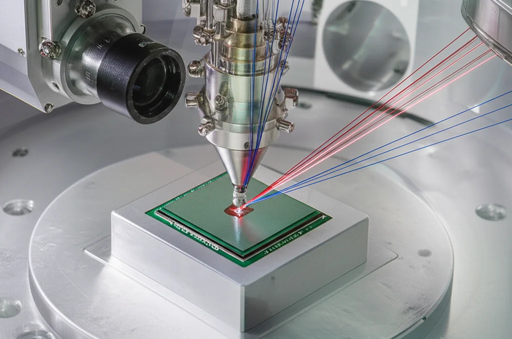 Interior view of a cryo-s-SNOM chamber: a miniature, intricate setup with a sample stage holding a tiny chip representing an LAO/STO heterostructure. An AFM tip assembly is positioned above the sample, and thin, colored laser beams (e.g., a subtle red for mid-infrared) are focused onto the tip-sample junction. Metallic surfaces within the chamber have a frosted appearance, indicating ultra-low temperatures. Macro lens, 80mm, high detail, precise focusing, controlled lighting, emphasizing advanced technology.