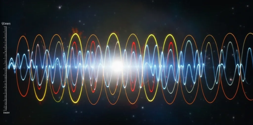 Photorealistic wide-angle image showing gravitational waves propagating through a dark cosmic background, with a frequency scale overlaid, 10mm lens, long exposure, sharp focus.