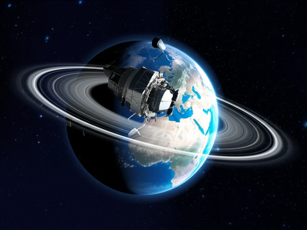 Photorealistic wide-angle image showing a futuristic space-based gravitational wave detector concept orbiting Earth, with faint ripples emanating outwards, 10mm lens, long exposure, sharp focus.