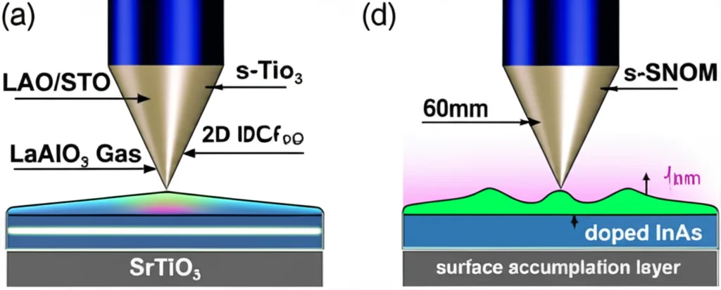 A comparative split-panel image. Left panel: A detailed schematic cross-section of an LAO/STO heterostructure, highlighting the thin LaAlO3 layer on SrTiO3, with a glowing line at the interface representing the 2D Electron Gas (2DEG). An s-SNOM tip is shown probing this interface. Right panel: A similar schematic of a doped InAs semiconductor, showing a distinct surface accumulation layer with higher electron density, also being probed by an s-SNOM tip. Macro lens, 60mm, high detail, precise focusing, controlled lighting, with clear labels for each material layer.