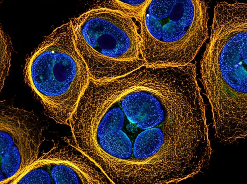 Macro lens, 100mm, high detail: A cluster of glioblastoma cells showing signs of stress and damage under controlled lighting.