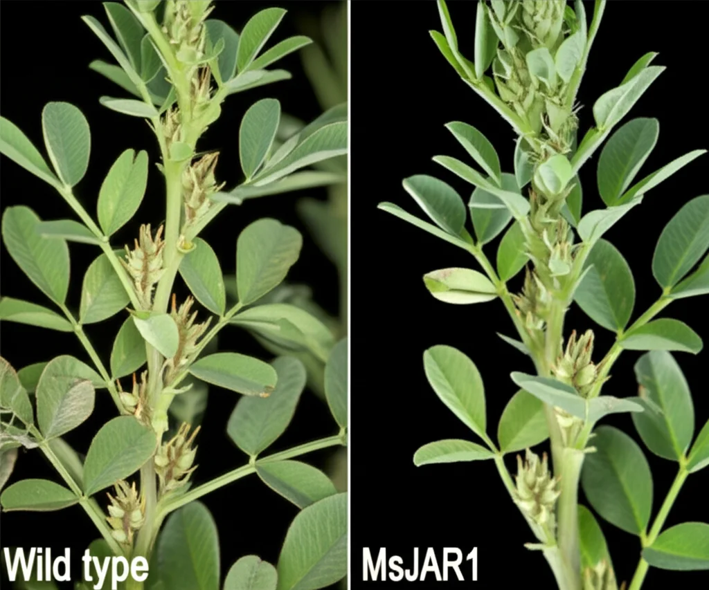 Photorealistic image of two alfalfa plants side-by-side, one wild-type and one transgenic MsJAR1 overexpressed, showing significant differences in height and lateral branching. Macro lens, 100mm, high detail, precise focusing, controlled lighting.
