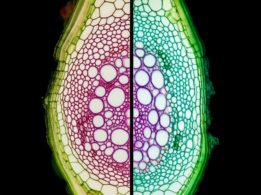 Photorealistic close-up image showing a cross-section of an alfalfa stem, highlighting the increased area of xylem and phloem tissue in a transgenic plant compared to a wild-type. Macro lens, 60mm, high detail, precise focusing, controlled lighting.