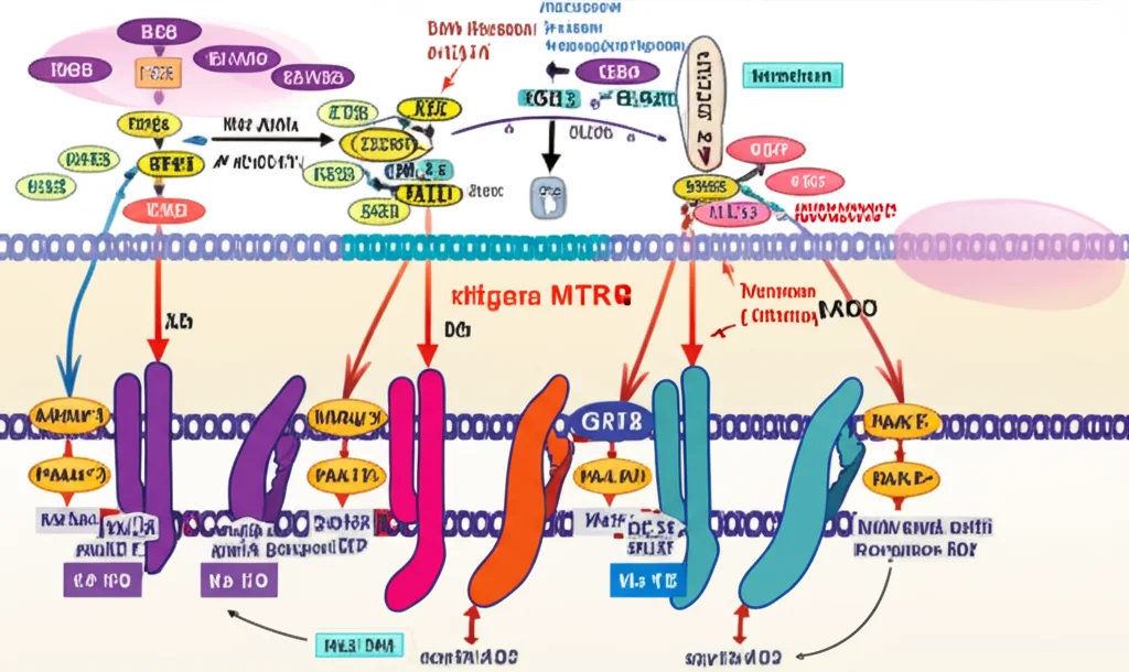 Macro lens, 105mm, controlled lighting: A visual representation of the mTOR signaling pathway being inhibited, showing key protein names and arrows indicating downregulation.
