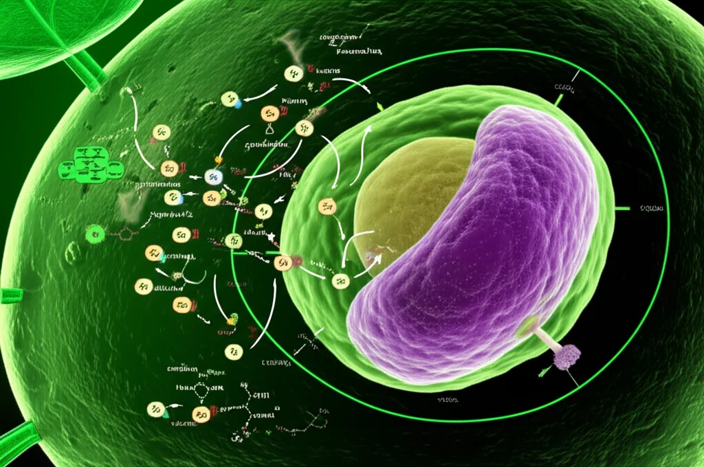Photorealistic image conceptually representing metabolic pathways within a plant cell, perhaps showing interconnected diagrams or stylized molecules related to photosynthesis, glycolysis, and the TCA cycle, potentially with a chloroplast visible. Macro lens, 105mm, high detail, precise focusing, controlled lighting.