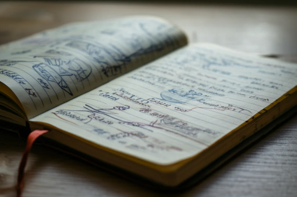 A close-up, macro shot of a worn dream journal with handwritten notes and intricate, abstract sketches, lying open on a wooden desk. Soft, diffused lighting from a nearby window illuminates the page. Macro lens, 60mm, high detail, precise focusing, capturing the personal and intricate nature of recorded dreams.
