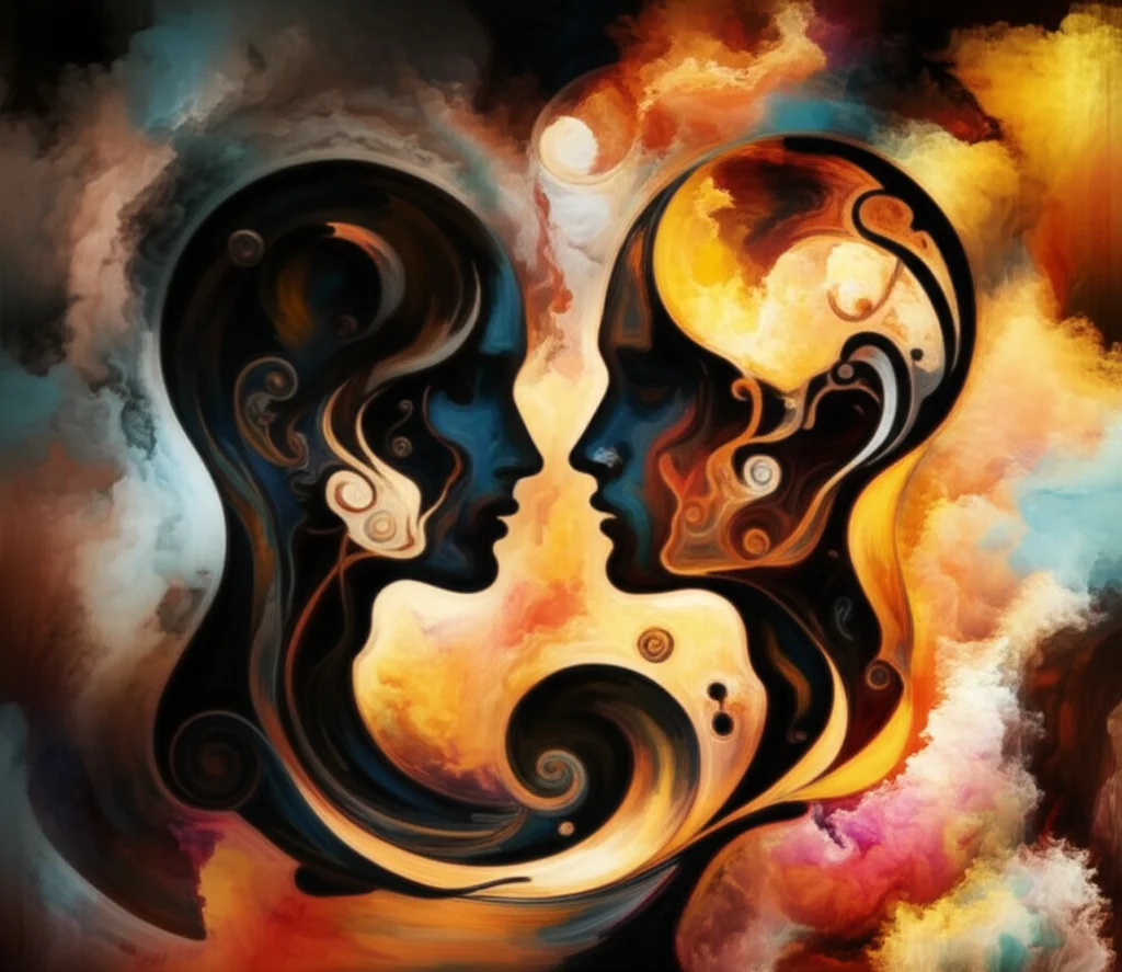 Two abstract human silhouettes, one slightly larger and more defined (analyst), the other slightly transparent (trainee), facing each other. A swirling, colorful, dream-like pattern of light and shadow connects them, symbolizing the mutual construction of meaning. Wide-angle lens, 15mm, long exposure to create the swirling light effect, sharp focus on the silhouettes.