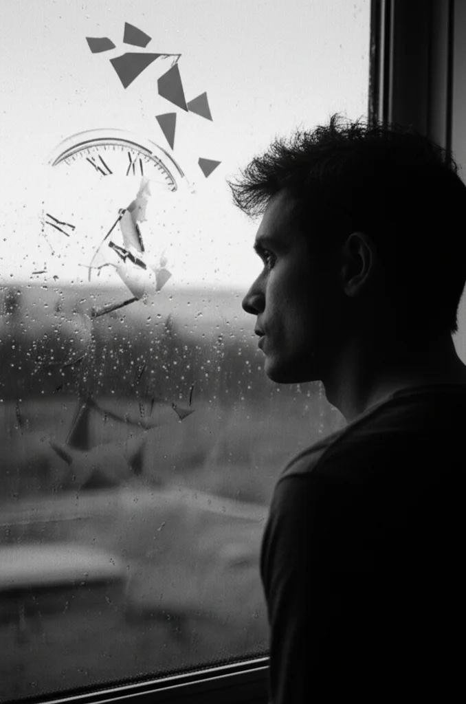 A pensive individual, mid-30s, seen from the side, looking out a rain-streaked window. A subtle, dream-like overlay of a distorted clock face and floating geometric shapes is visible on the window pane. 35mm portrait, depth of field, black and white film noir style, capturing the introspective and sometimes unsettling nature of dream analysis.