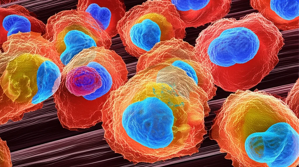 Macro lens, 105mm, high detail, controlled lighting: A cluster of vibrant immune cells interacting, with one cell showing a diminished surface molecule, against a backdrop of muscle fibers.