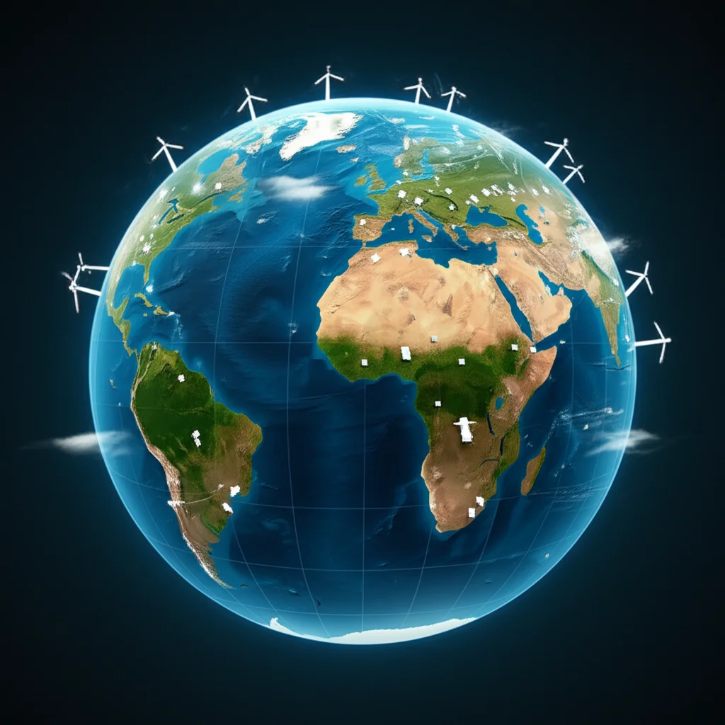 Wide-angle landscape photo showing a global map overlaid with symbols representing solar farms in sunny regions and wind turbines in windy areas, illustrating the uneven distribution of renewable potential. 10mm wide-angle lens, sharp focus.