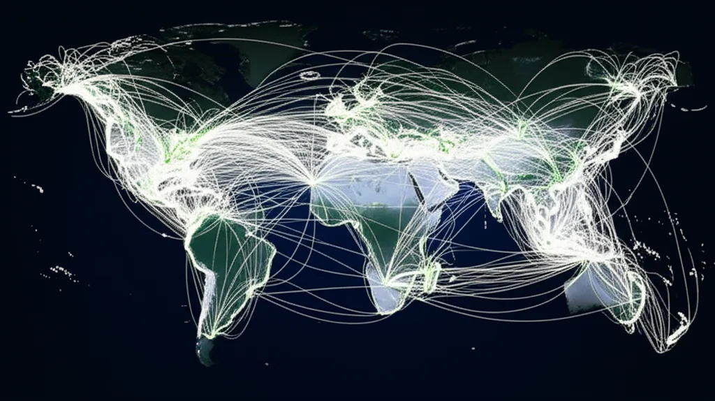 Landscape wide-angle photo, 10mm lens, long exposure, showing smooth, stable power generation curves overlaid on a world map with interconnected lines, symbolizing reduced variability and increased stability through global sharing.