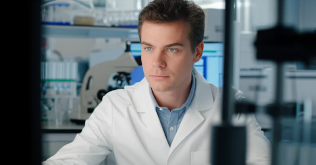 Prime lens, 35mm portrait, depth of field: A researcher looking thoughtfully at data on a screen, with laboratory equipment slightly blurred in the background, conveying scientific discovery.