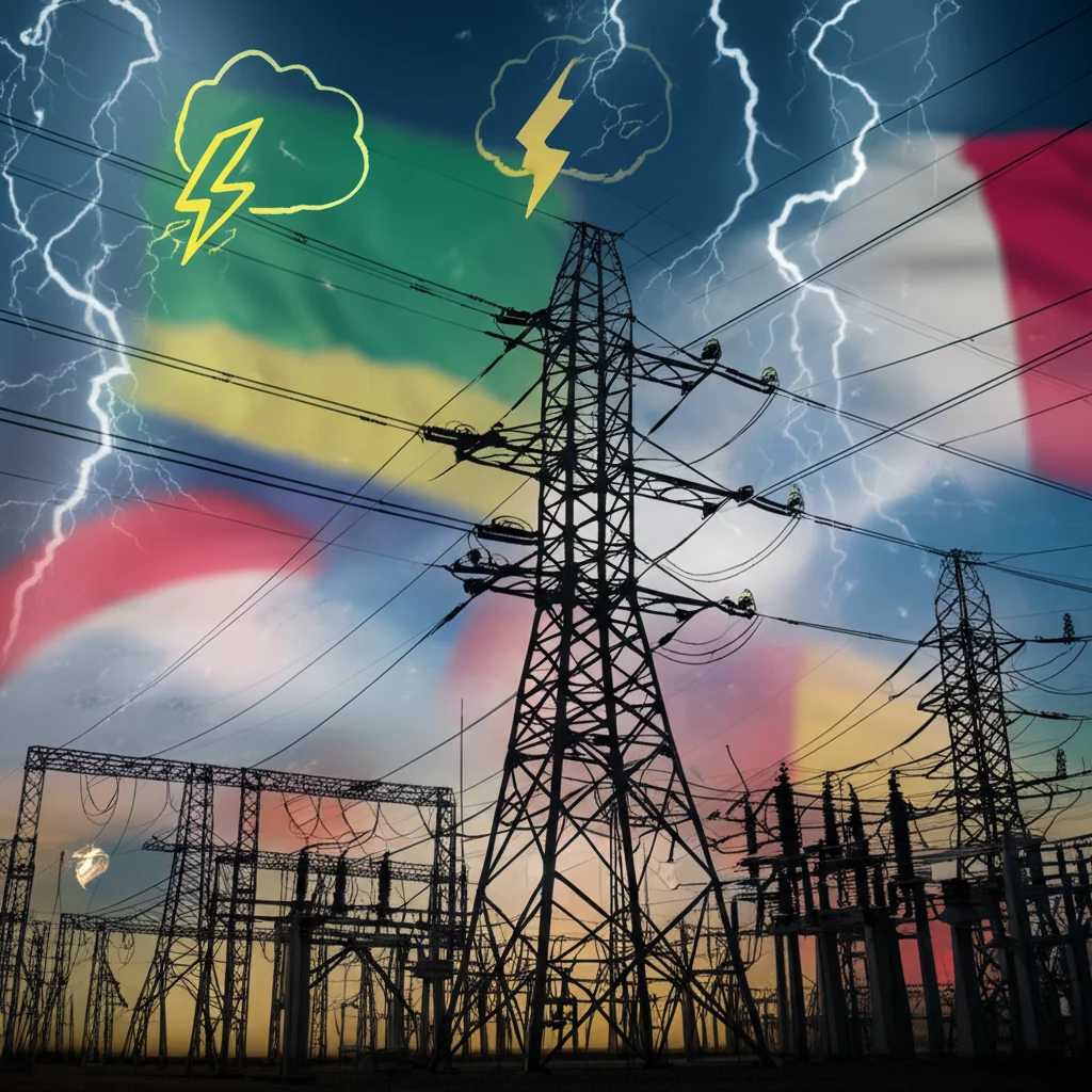 Wide-angle shot, 24mm lens, detailed focusing, depicting a complex network of transmission lines and substations resiliently standing against a backdrop showing symbols of extreme weather and geopolitical flags, symbolizing robustness against disruptions.