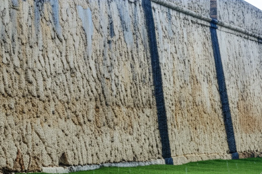 Landscape wide angle 24mm, sharp focus, a historical fortress wall made of porous coral limestone under a light rain, showing subtle signs of weathering and dark streaks from water flow.