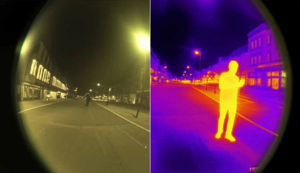 Photorealistic image of a security camera view displaying a split screen. One side shows a visible light feed of a street at night with a pedestrian barely visible. The other side shows a thermal feed of the same scene with the pedestrian glowing brightly, illustrating the challenge and the potential of multispectral data. Wide-angle lens, 10mm, sharp focus.