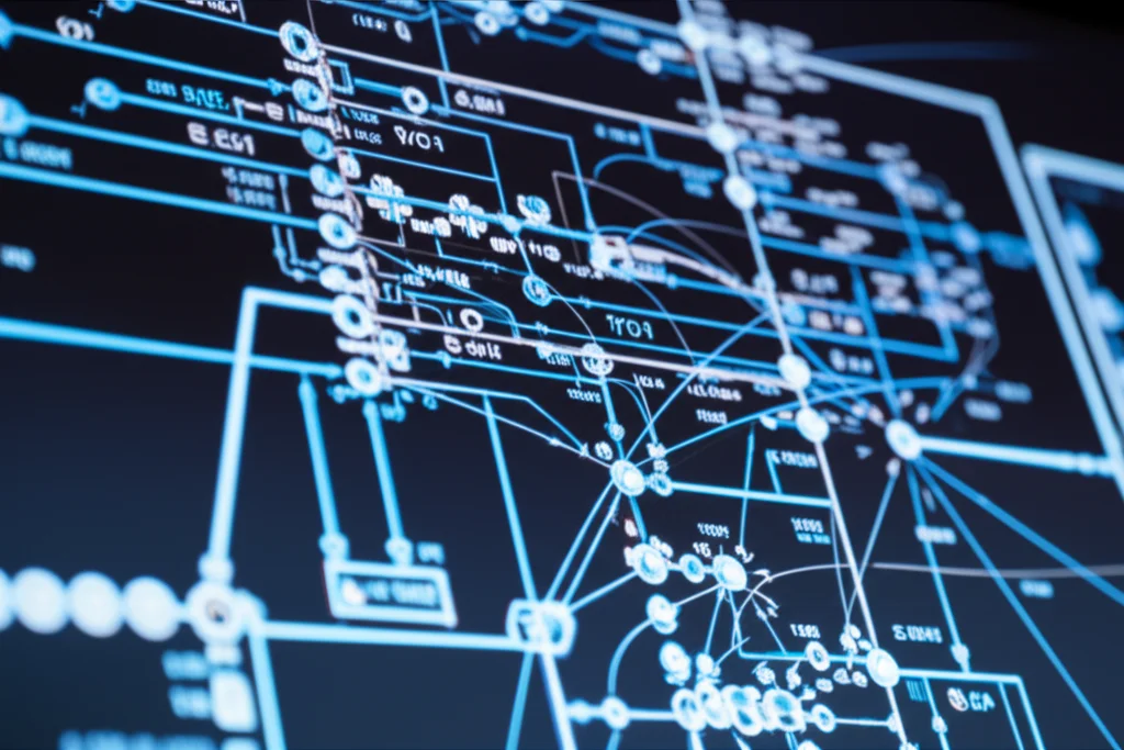 Photorealistic close-up image of a complex deep learning neural network architecture diagram on a screen, highlighting specific modules related to data fusion with intricate connections. Objects (still life), Macro lens, 80mm, High detail, precise focusing, controlled lighting.