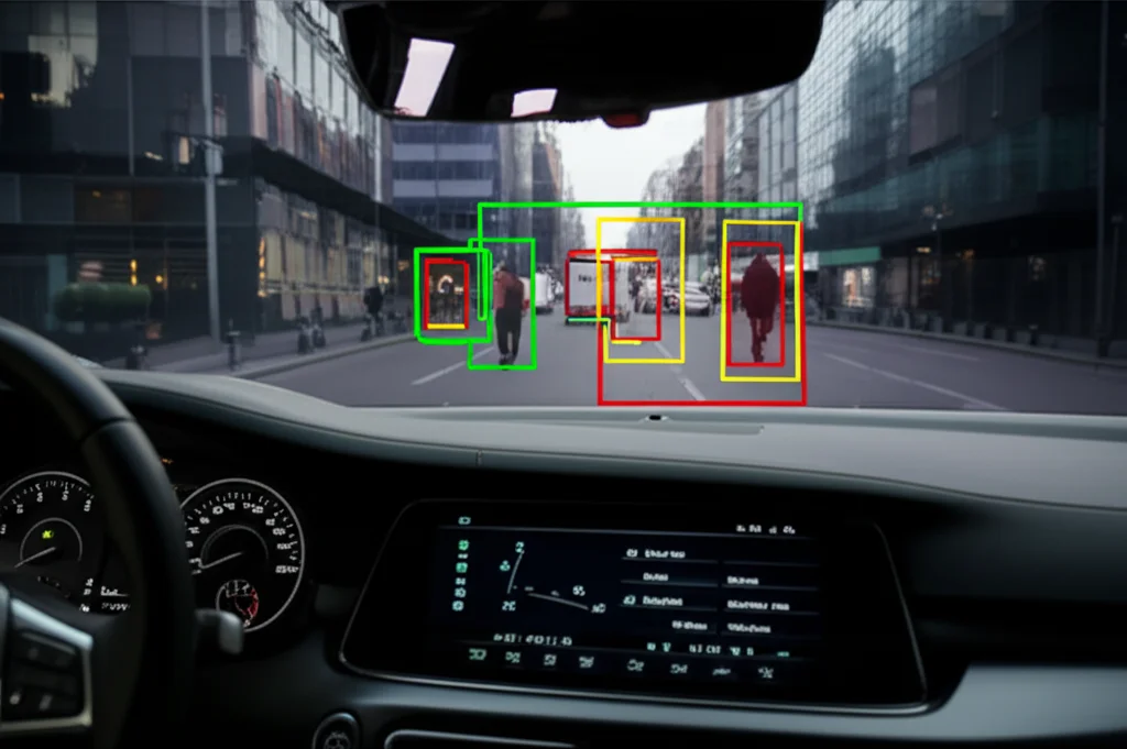 Photorealistic image showing a car dashboard display with a live feed from a multispectral detection system. Bounding boxes are drawn around pedestrians, with different colors indicating confidence or modality input. The scene outside is a busy city street during twilight. Wide-angle lens, 20mm, sharp focus.