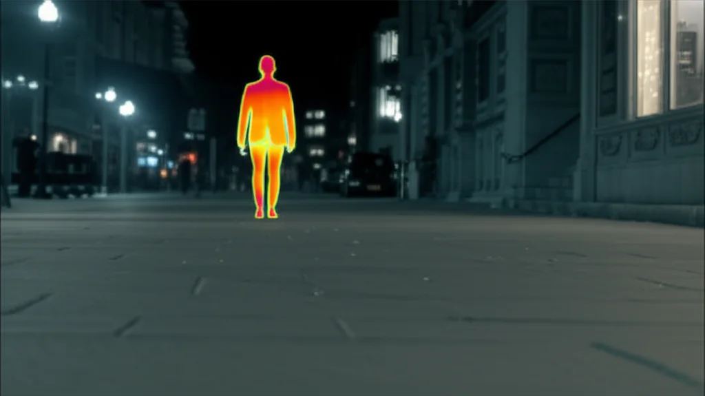 Photorealistic image of a pedestrian walking on a sidewalk at night, viewed from a slight distance. The image is a composite showing how thermal data (highlighting the person's heat) complements the visible light data (showing the environment). Telephoto zoom lens, 150mm, Fast shutter speed, movement tracking.