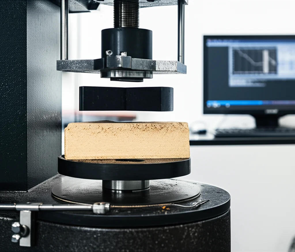 Action shot, telephoto zoom 100mm, of a bio-mortar specimen prism undergoing a three-point bending test in a universal testing machine, fast shutter speed, precisely focused on the point of load application, lab setting with data visible on a nearby monitor.