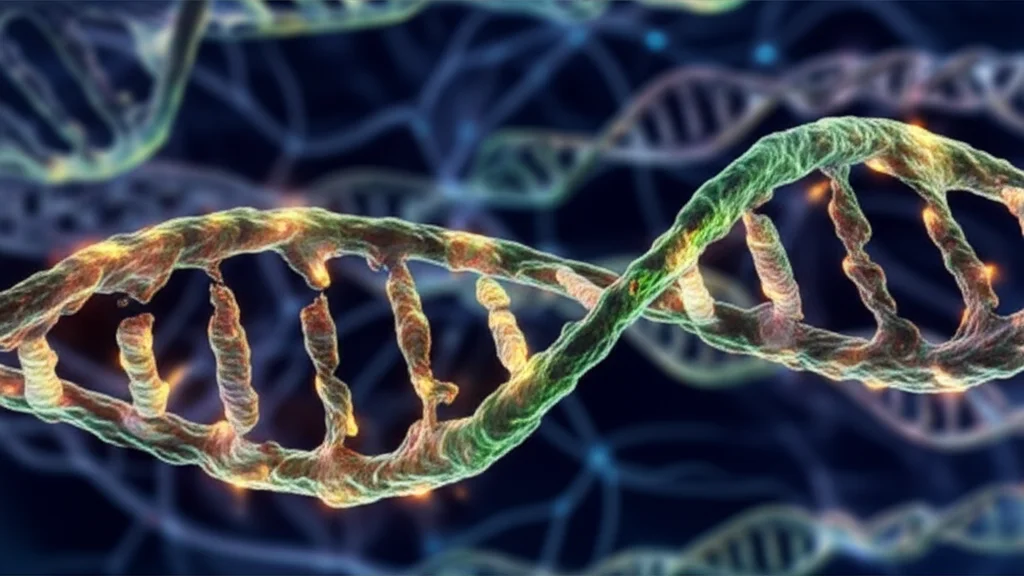 Macro lens, 60mm, high detail, precise focusing, controlled lighting of microscopic RNA strands glowing amidst abstract neural network patterns.