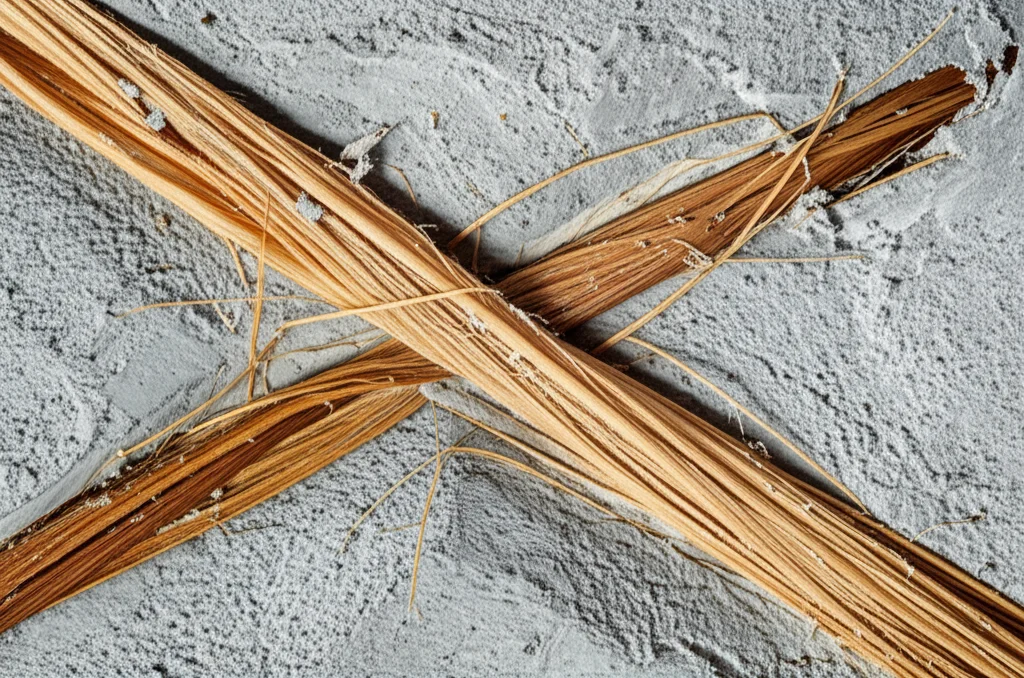 Macro photograph, 105mm lens, of a fractured bio-mortar specimen surface, clearly showing embedded sisal fibers bridging a micro-crack, high detail, precise focusing, with controlled lighting to highlight the texture of the fiber and the cementitious matrix.