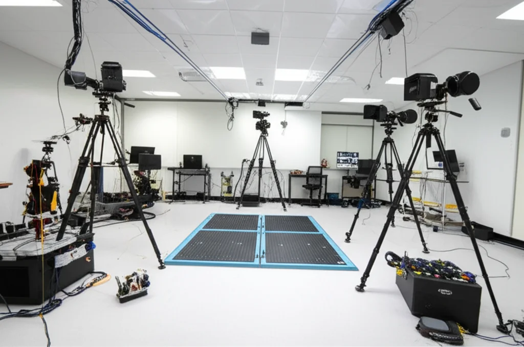 A biomechanics laboratory setup with motion capture cameras and pressure plates, wide angle 10mm, high detail, controlled lighting.