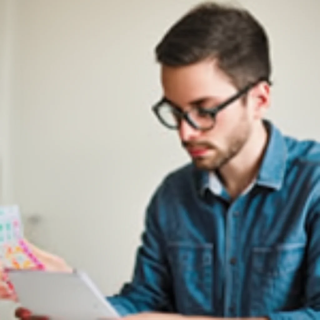 Portrait photography, 35mm portrait, depth of field, showing a person thoughtfully looking at a cognitive test paper, suggesting focus and mental effort.