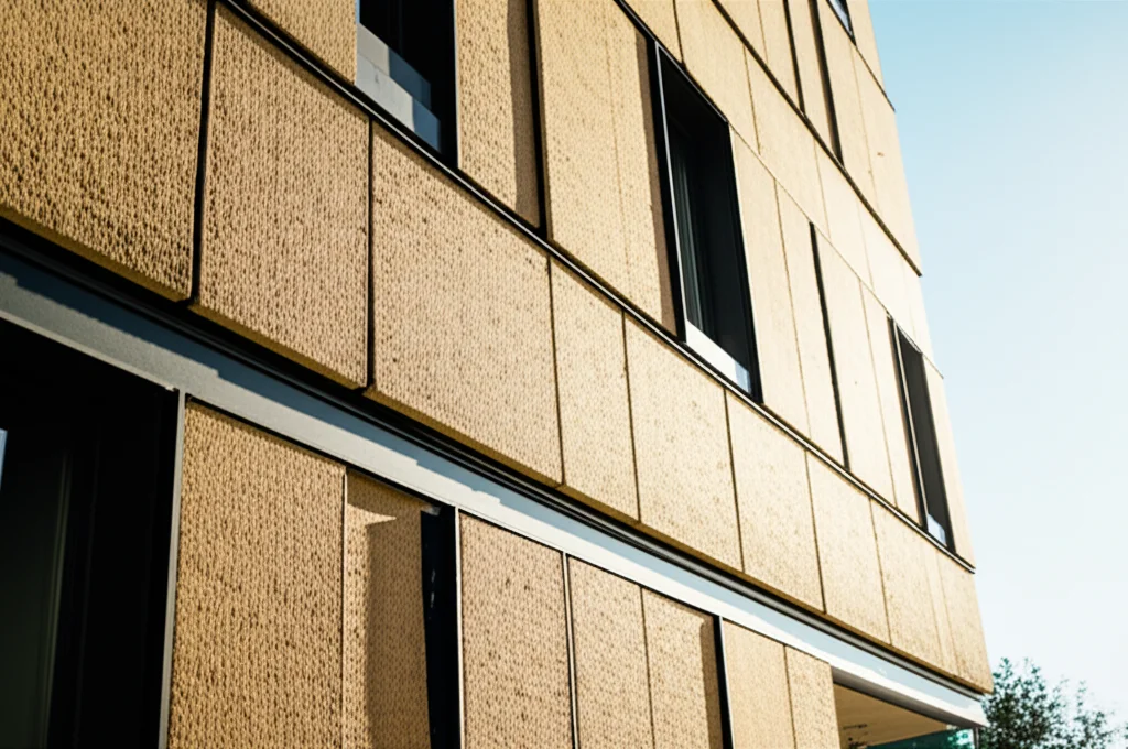 Wide-angle, 15mm lens, shot of a modern, eco-friendly building facade partially constructed with textured bio-mortar panels, sunlight highlighting the sustainable materials, sharp focus, conveying innovation in construction.