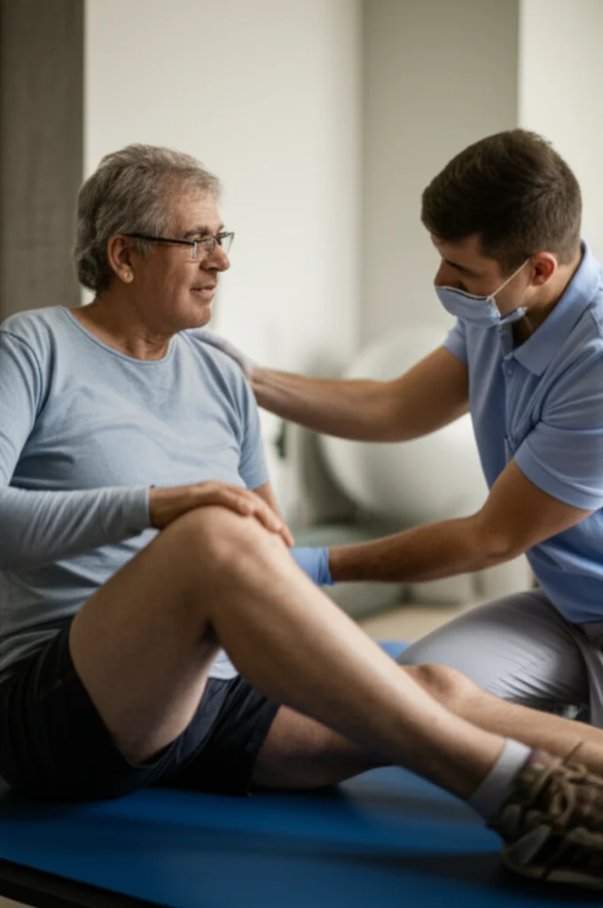 A physical therapist assisting an elderly patient with knee rehabilitation exercises, 35mm portrait, depth of field.
