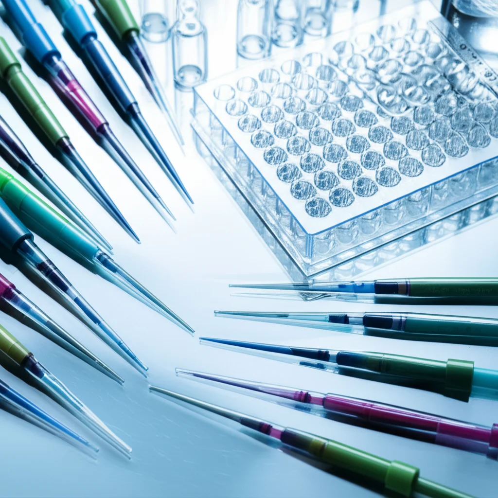 Controlled lighting, high detail, still life of laboratory equipment like pipettes, vials, and a PCR plate, representing the scientific process of measuring miRNA expression.