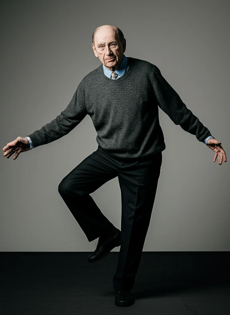 An elderly person balancing on one leg, demonstrating stability challenges, 50mm portrait, precise focusing.