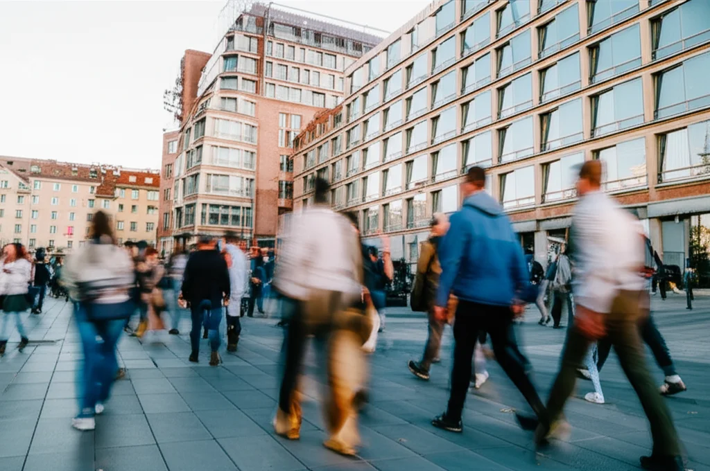 Wide-angle, 24mm, long exposure, sharp focus, showing a diverse group of people walking together in a city square, representing community and the potential for broader research validation.