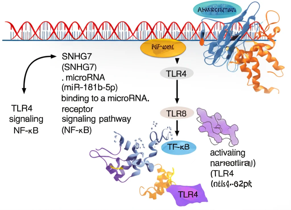 Abstract representation of molecular interactions within a cell: a long non-coding RNA (SNHG7) binding to a microRNA (miR-181b-5p), influencing a receptor (TLR4) and activating a signaling pathway (NF-κB). Photorealistic style, controlled lighting.