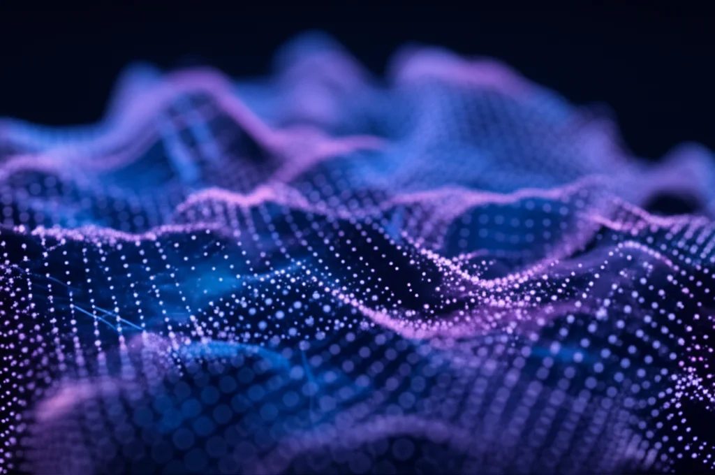 A photorealistic, high-detail macro shot of a complex, glowing point cloud structure, 60mm macro lens, precise focusing, controlled lighting, emphasizing the individual points and their spatial relationships in shades of blue and purple.