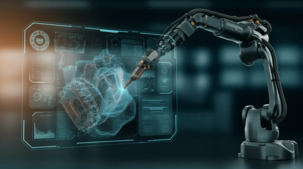 A sleek, futuristic robotic arm precisely scanning a complex mechanical part, generating a dense point cloud visualization on a holographic display. Telephoto zoom lens, 100mm, fast shutter speed, action tracking, high detail, with blue and orange duotones.